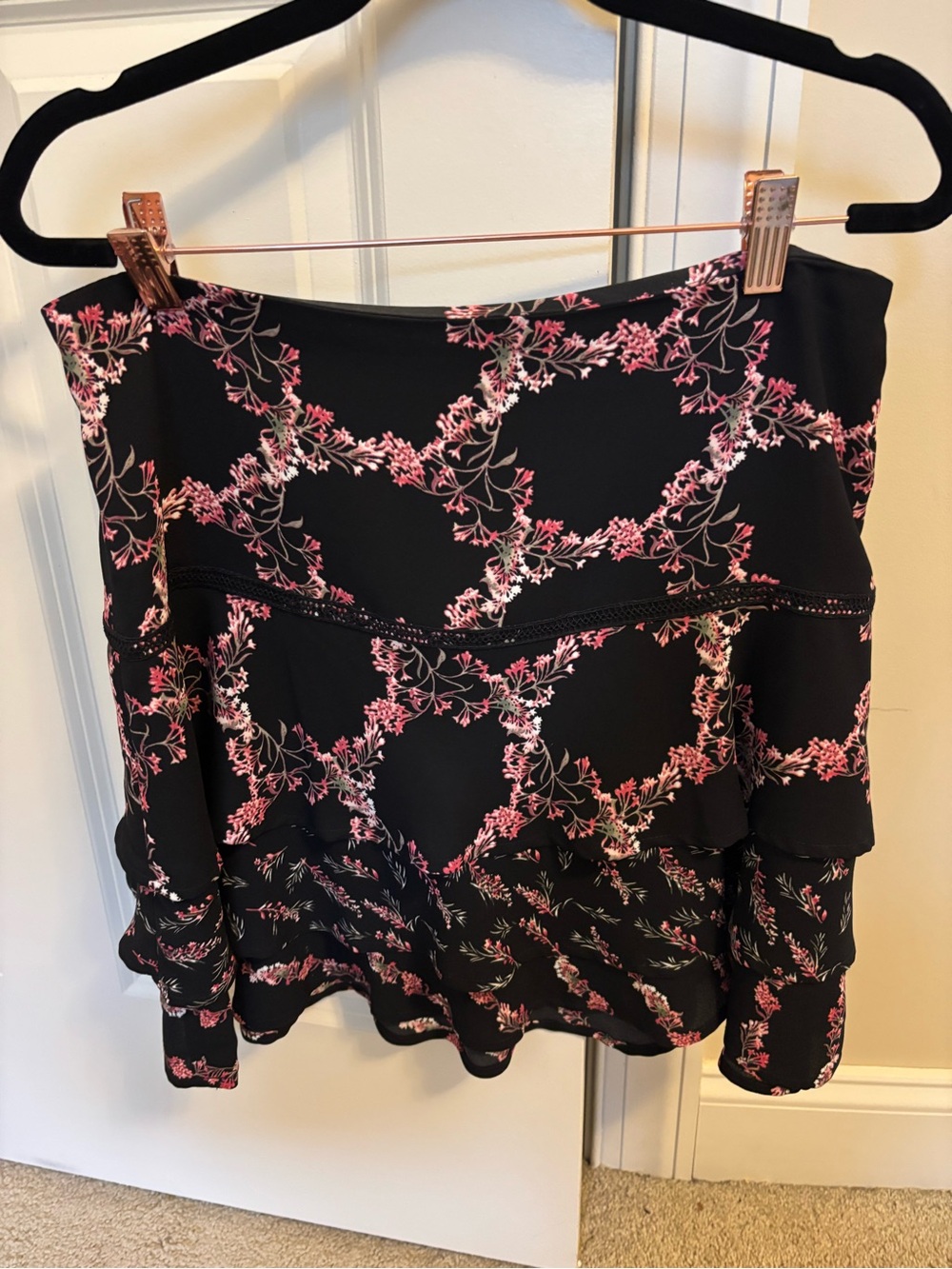 Black Floral Tiered Mini Skirt - Pink Pattern